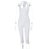 Women's Summer Polka Dot Halter Neck Corset Waist Cropped Jumpsuit