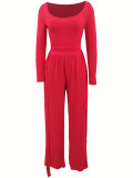 Women's Solid Color Tie-Waist Wide Leg Two-Piece Pants Set