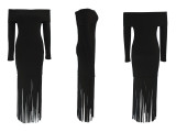 Women's Sexy Off-Shoulder Chic Fringe Bodycon Long Sleeve Evening Gown Dress