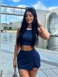 Women's Casual White Striped Sleeveless Tank Top and Mini Skirt Fashion Two-Piece Set