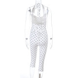 Women's Summer Polka Dot Halter Neck Corset Waist Cropped Jumpsuit