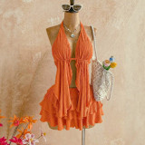 Women's Halter Neck Textured Top and Ruffle Mini Skirt Holiday Two-Piece Set
