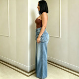 Women's Fashion High-Waist Multi-Pocket Faux Two-Piece Wide Leg Denim Pants