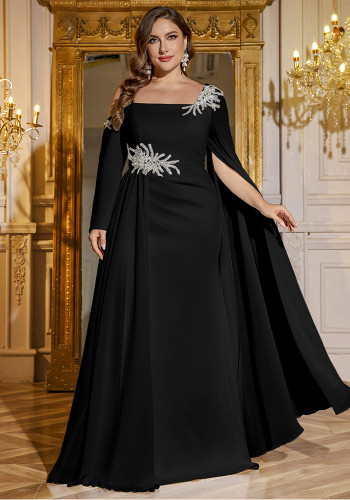 Women's Solid Color Square Neck Long Sleeve Low Back Split Evening Party Gown Dress