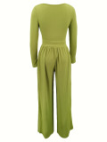 Women's Solid Color Tie-Waist Wide Leg Two-Piece Pants Set
