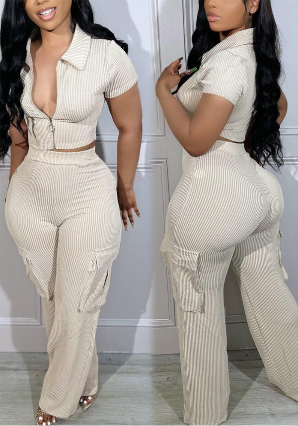 Women's Fashion Zip-Up To] and Multi-Pocket Pants Casual Solid Color Two-Piece Set