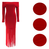 Women's Sexy Off-Shoulder Chic Fringe Bodycon Long Sleeve Evening Gown Dress