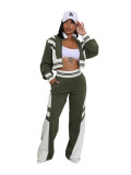 Women's Autumn Winter Contrast Color Zip-Up Top and Long Pants Two-Piece Set