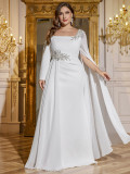 Women's Solid Color Square Neck Long Sleeve Low Back Split Evening Party Gown Dress