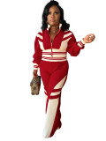 Women's Autumn Winter Contrast Color Zip-Up Top and Long Pants Two-Piece Set