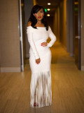 Women's Sexy Off-Shoulder Chic Fringe Bodycon Long Sleeve Evening Gown Dress