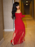 Women's Sexy Off-Shoulder Chic Fringe Bodycon Long Sleeve Evening Gown Dress