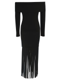 Women's Sexy Off-Shoulder Chic Fringe Bodycon Long Sleeve Evening Gown Dress