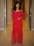 Women's Sexy Off-Shoulder Chic Fringe Bodycon Long Sleeve Evening Gown Dress