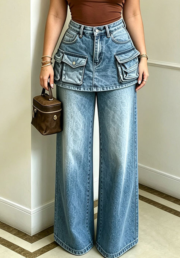 Women's Fashion High-Waist Multi-Pocket Faux Two-Piece Wide Leg Denim Pants