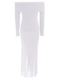 Women's Sexy Off-Shoulder Chic Fringe Bodycon Long Sleeve Evening Gown Dress