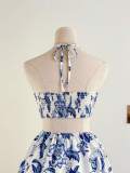 Women's Halter Neck Open Waist Blue and White Floral Print Slim Waist Beach Dress