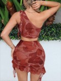 Women's Sexy Fashion Print One-Shoulder Ruffle Mini Skirt Two-Piece Set