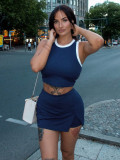 Women's Casual White Striped Sleeveless Tank Top and Mini Skirt Fashion Two-Piece Set