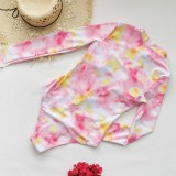Women Gradient Print Long-Sleeved One-Piece Swimwear Zipper Surfsuit