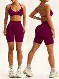 Women Seamless Stretch Yoga Halter Neck Tank Top Yoga Pants Fitness Two-Piece Set