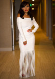 Women's Sexy Off-Shoulder Chic Fringe Bodycon Long Sleeve Evening Gown Dress