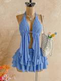 Women's Halter Neck Textured Top and Ruffle Mini Skirt Holiday Two-Piece Set