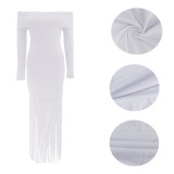 Women's Sexy Off-Shoulder Chic Fringe Bodycon Long Sleeve Evening Gown Dress