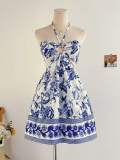 Women's Halter Neck Open Waist Blue and White Floral Print Slim Waist Beach Dress