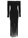 Women's Sexy Off-Shoulder Chic Fringe Bodycon Long Sleeve Evening Gown Dress