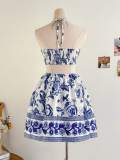 Women's Halter Neck Open Waist Blue and White Floral Print Slim Waist Beach Dress