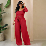 Women's Solid Color Tie-Waist Wide Leg Two-Piece Pants Set