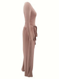 Women's Solid Color Tie-Waist Wide Leg Two-Piece Pants Set