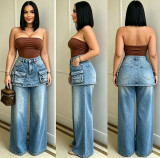 Women's Fashion High-Waist Multi-Pocket Faux Two-Piece Wide Leg Denim Pants