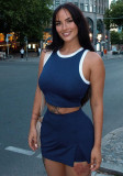 Women's Casual White Striped Sleeveless Tank Top and Mini Skirt Fashion Two-Piece Set