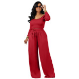 Women's Solid Color Tie-Waist Wide Leg Two-Piece Pants Set