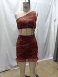 Women's Sexy Fashion Print One-Shoulder Ruffle Mini Skirt Two-Piece Set