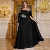 Women's Solid Color Square Neck Long Sleeve Low Back Split Evening Party Gown Dress