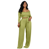 Women's Solid Color Tie-Waist Wide Leg Two-Piece Pants Set