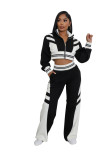 Women's Autumn Winter Contrast Color Zip-Up Top and Long Pants Two-Piece Set