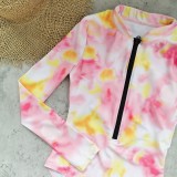 Women Gradient Print Long-Sleeved One-Piece Swimwear Zipper Surfsuit