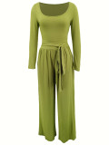 Women's Solid Color Tie-Waist Wide Leg Two-Piece Pants Set
