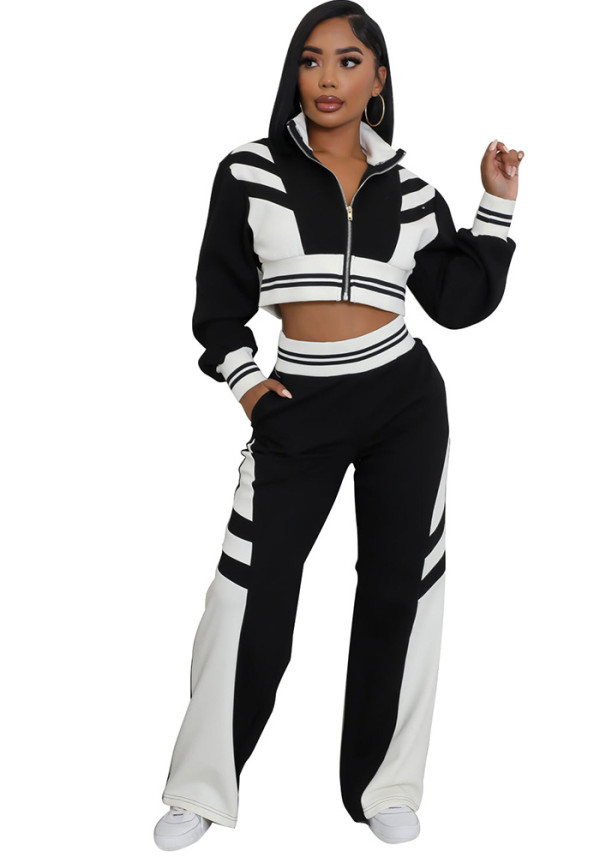 Women's Autumn Winter Contrast Color Zip-Up Top and Long Pants Two-Piece Set