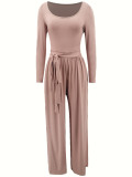 Women's Solid Color Tie-Waist Wide Leg Two-Piece Pants Set