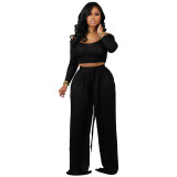 Women's Solid Color Tie-Waist Wide Leg Two-Piece Pants Set