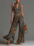 Women's Fashion Sexy Pleated Halter Neck Wide Leg Jumpsuit