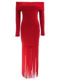 Women's Sexy Off-Shoulder Chic Fringe Bodycon Long Sleeve Evening Gown Dress