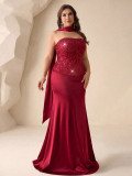 Women's Sexy Strapless High-Waist Slim-Fit Solid Color Evening Party Dress