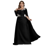 Women's Solid Color Square Neck Long Sleeve Low Back Split Evening Party Gown Dress