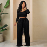 Women's Solid Color Tie-Waist Wide Leg Two-Piece Pants Set